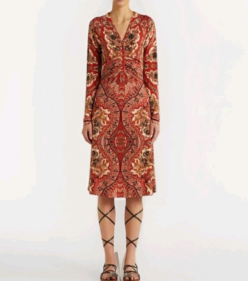 ETRO Elba Midi Dress EUR 42 US 10 Luxury Italian Designer Boho Chic Long Sleeve